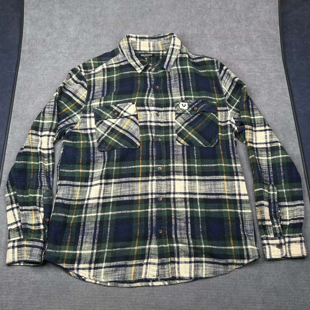 True Religion Plaid Flannel Shirt Green Navy White Horseshoe Logo Mens Large Y2k